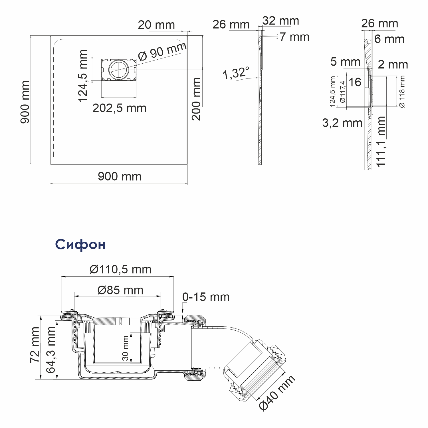 Поддон для душа Wasserkraft Elbe 74T03 90x90