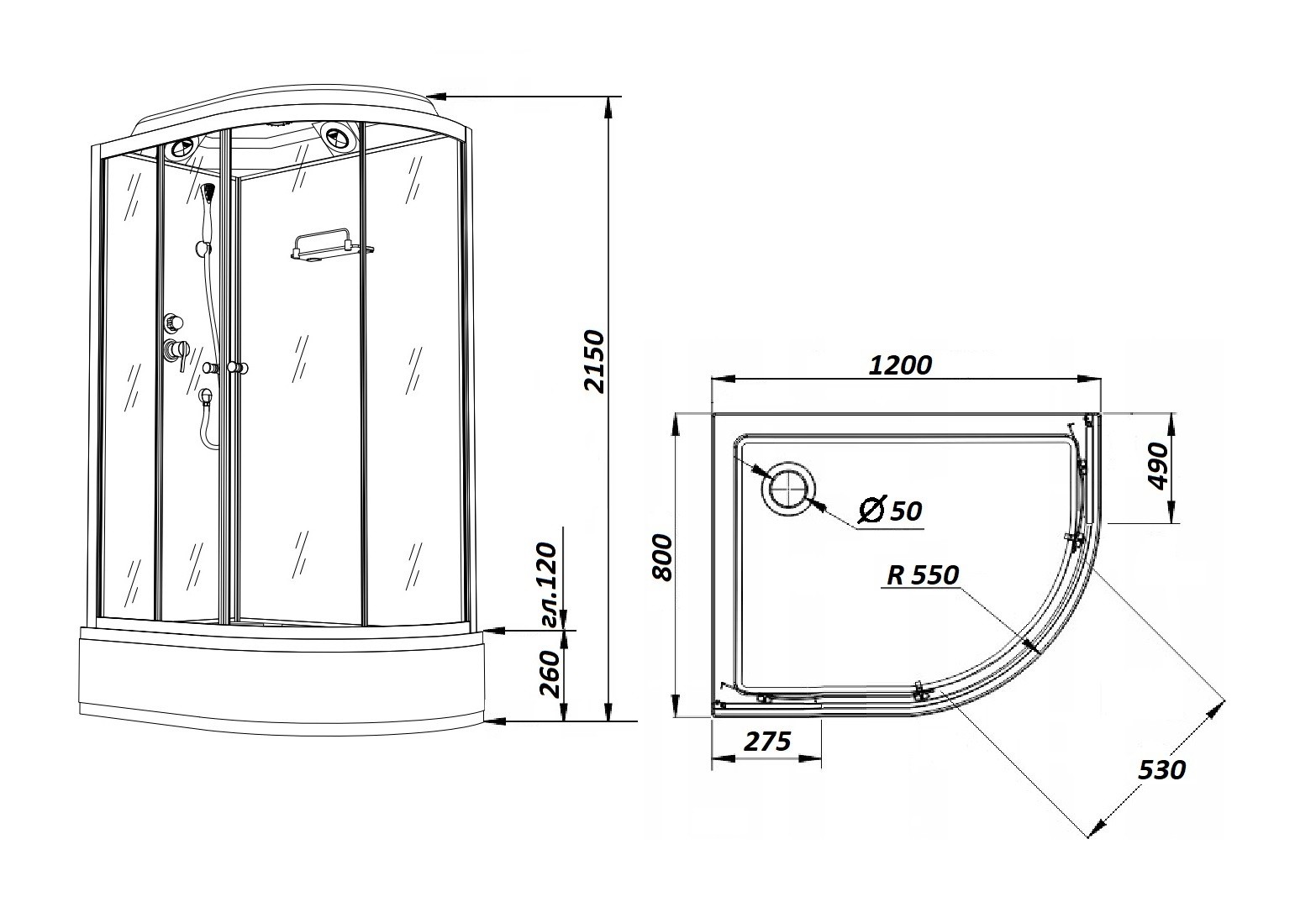 Душевая кабина Parly Bianco BMM120L 120x80, с поддоном, монтаж без силикона, L