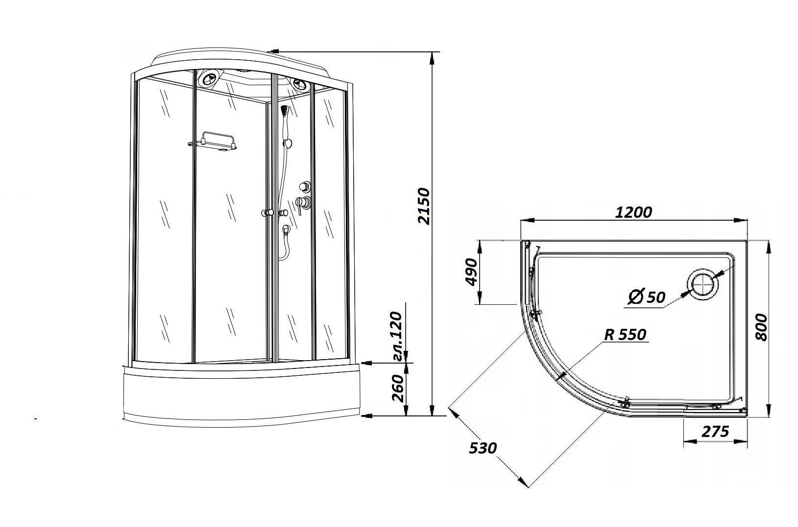 Душевая кабина Parly Bianco BMM120R 120x80, с поддоном, монтаж без силикона, R