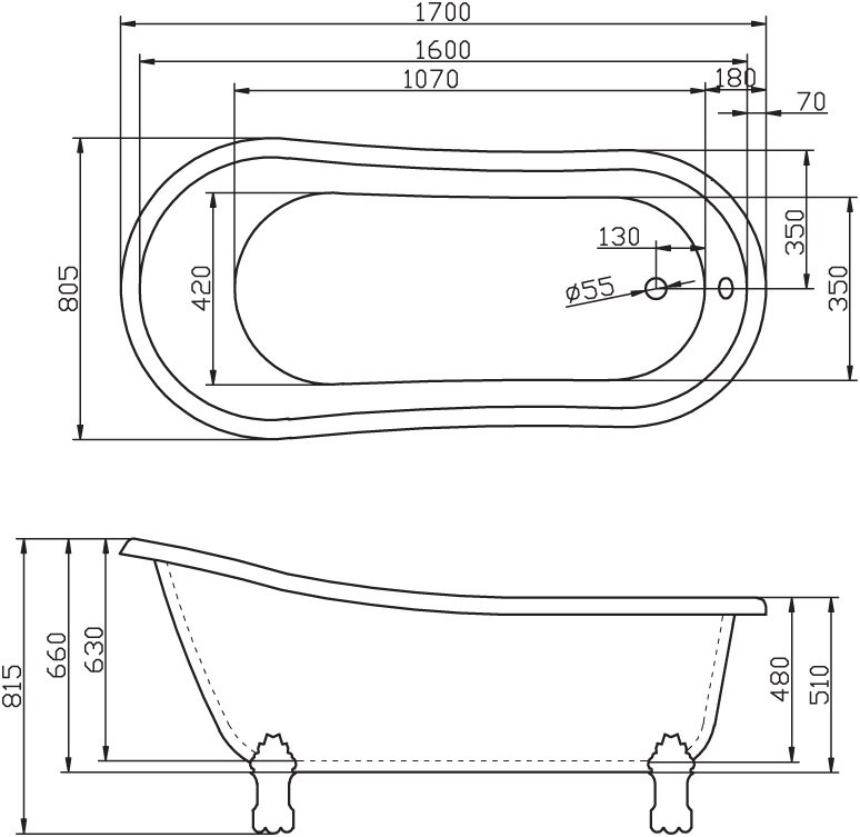 Акриловая ванна BelBagno BB04 170x80 без ножек