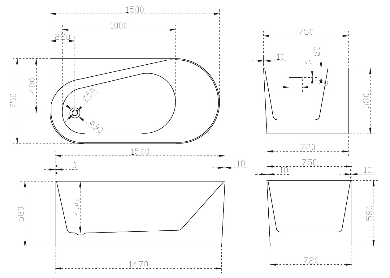 Акриловая ванна Abber AB9496-1.5 L 150x75