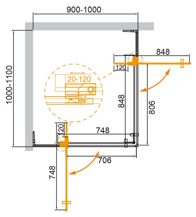 Душевой уголок Cezares Slider AH 2 70/80 90/100 C Cr профиль хром, стекло прозрачное