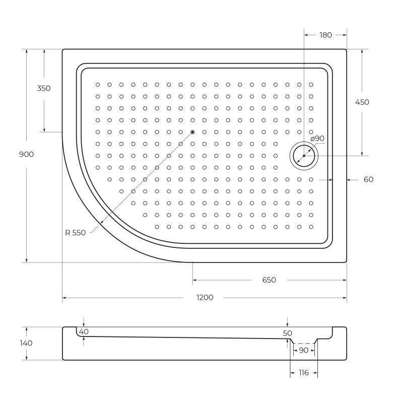 Поддон для душа Cezares Tray TRAY-A-RH-120/100-550-15-W-R R120х100 R, с сифоном