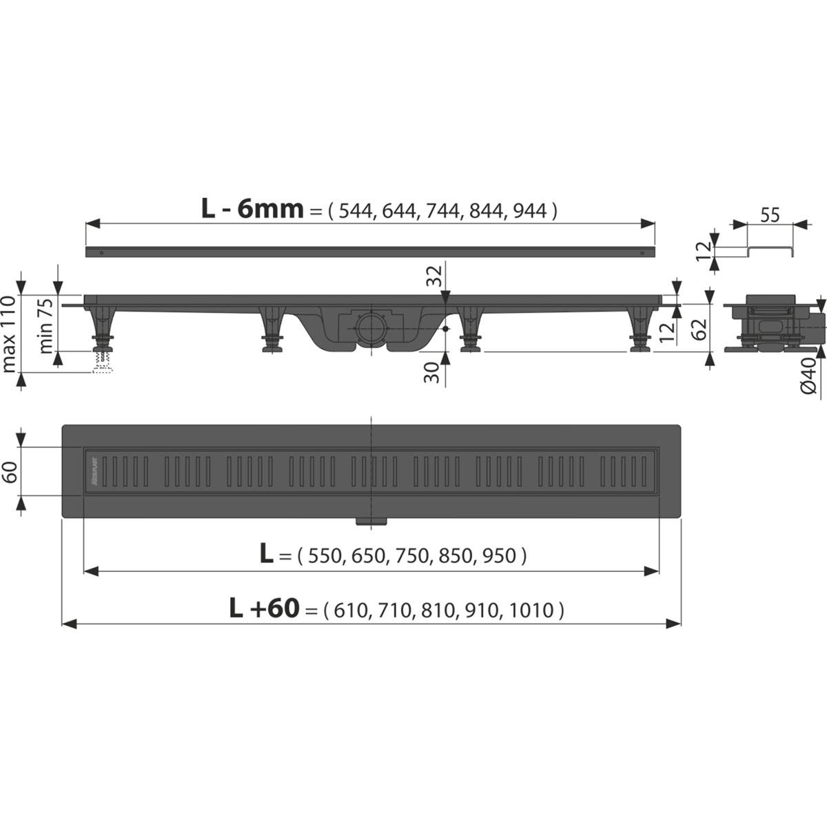 Душевой лоток AlcaPlast APZ10Black APZ10BLACK-850M с решеткой и опорами