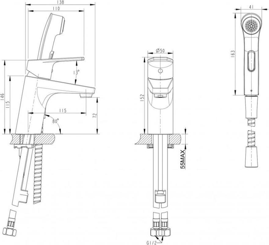 Смеситель для раковины Bravat Line F15299C-2 с гигиеническим душем