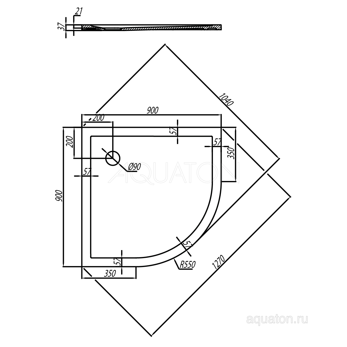 Поддон для душа AQUATON Калифорния 90x90 четверть круга