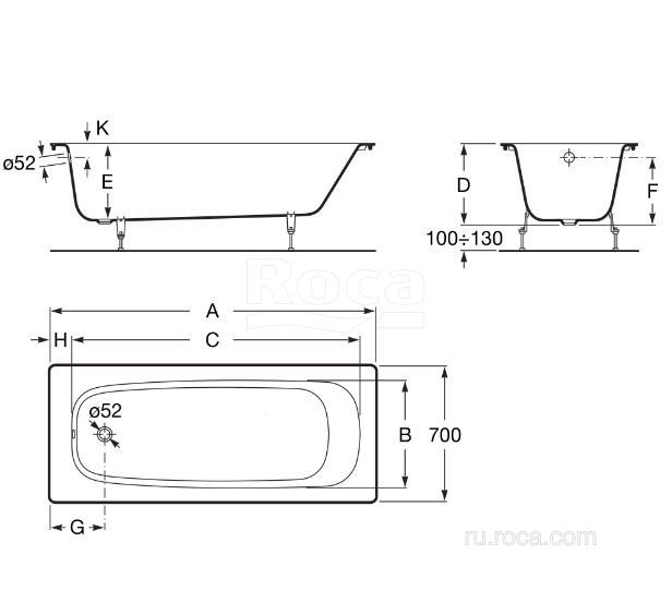 Чугунная ванна Roca Continental 212904001 140x70, без противоскользящего покрытия