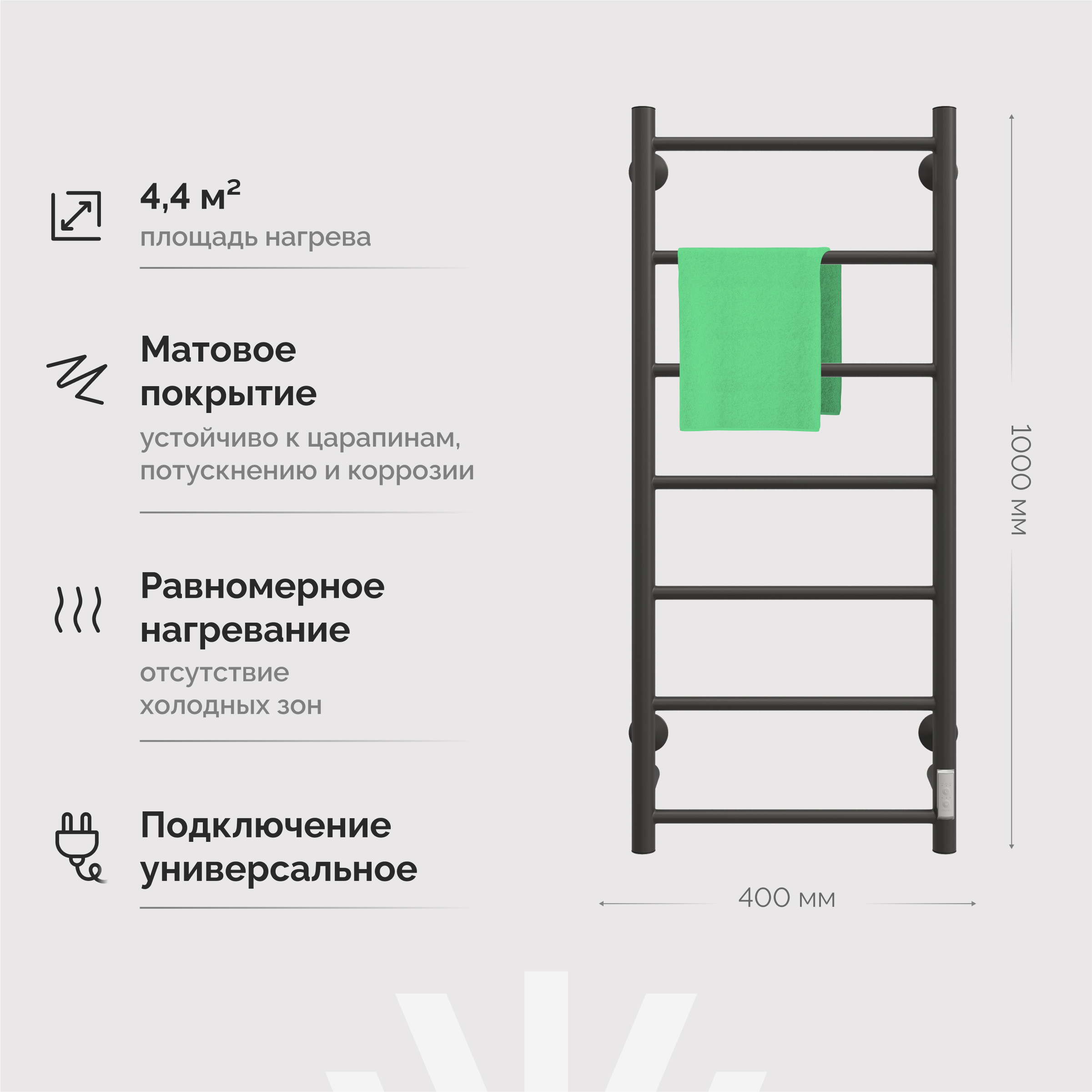 Полотенцесушитель электрический EWRIKA Сафо PN 100x40, черный матовый