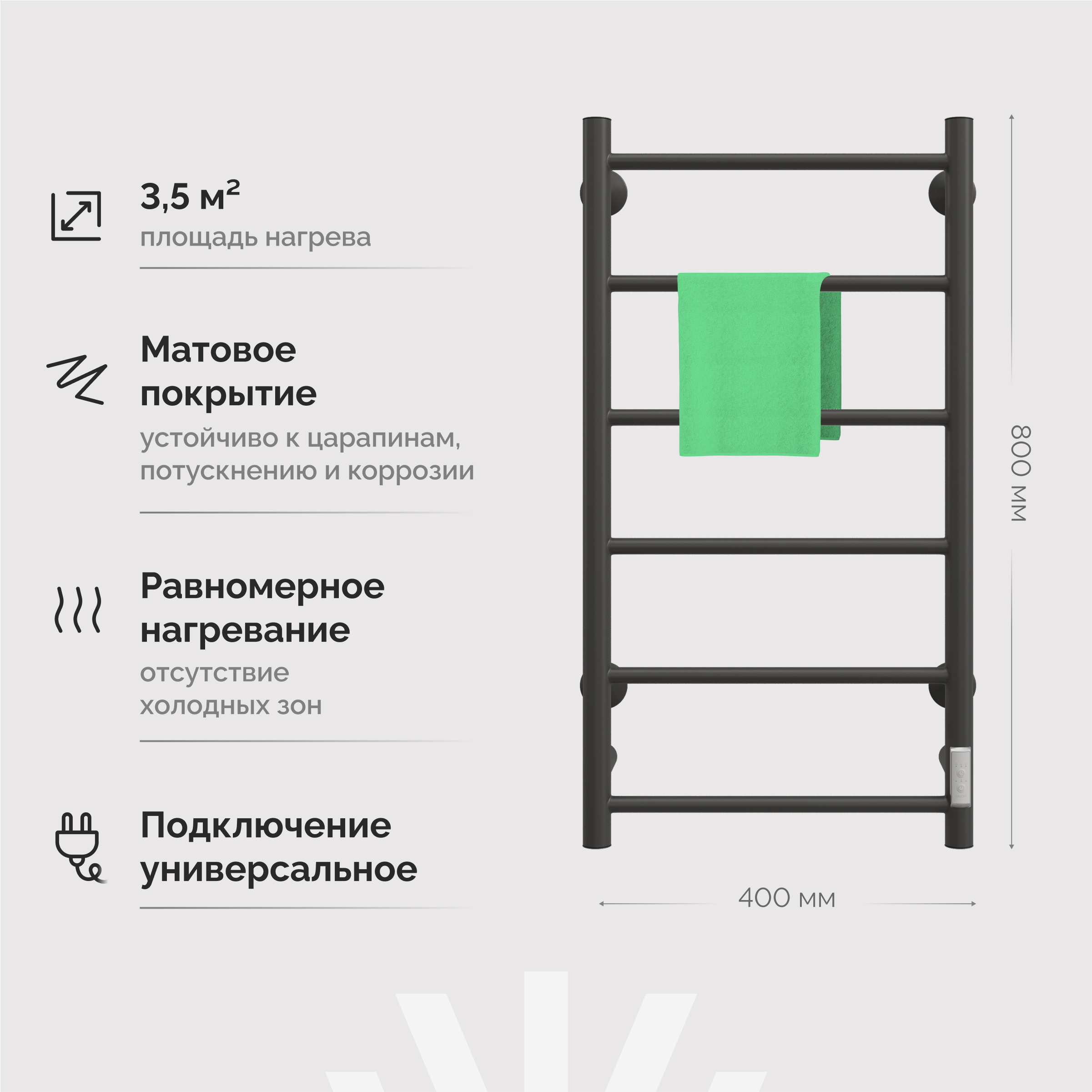 Полотенцесушитель электрический EWRIKA Сафо PN 80x40, черный матовый