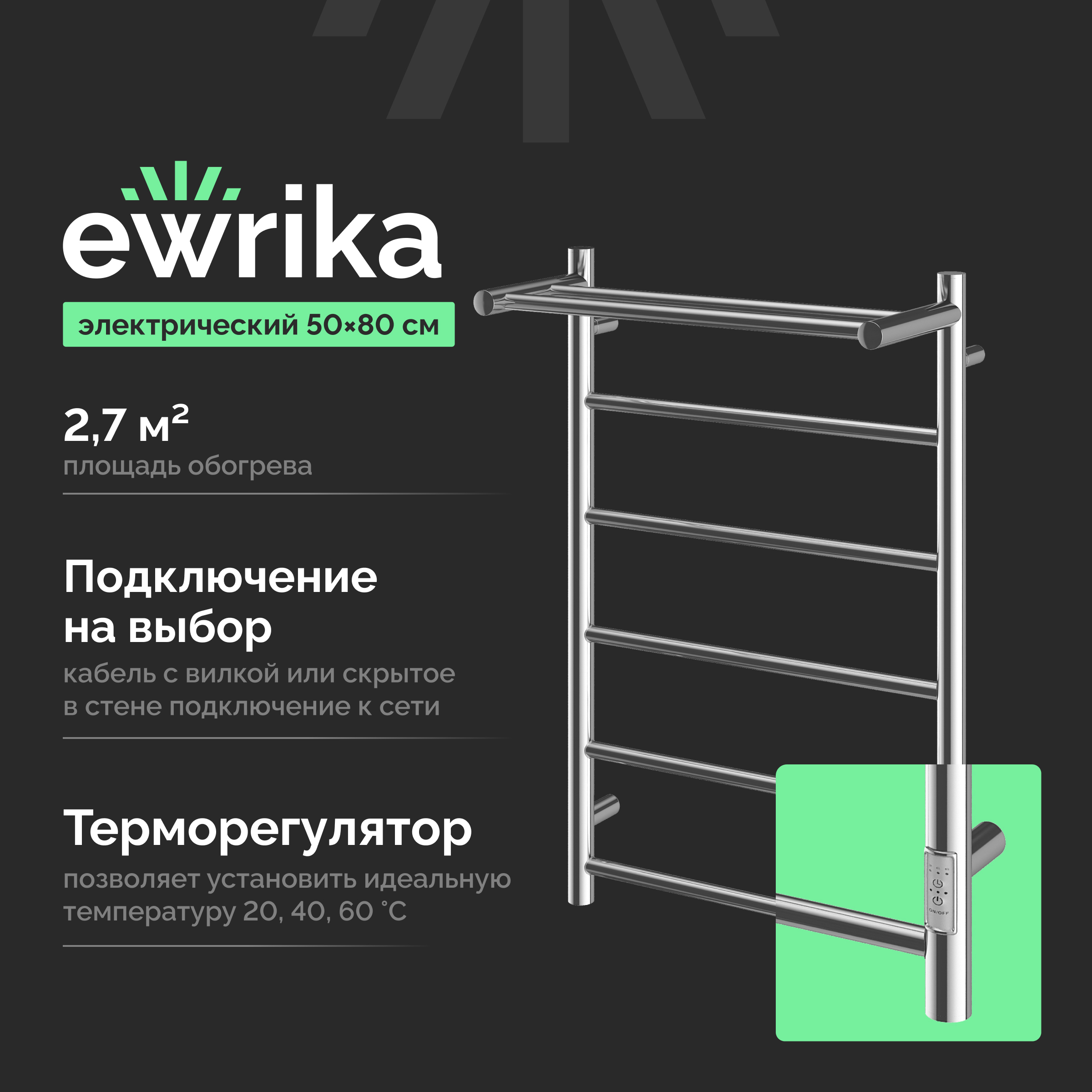 Полотенцесушитель электрический EWRIKA Сафо PN 80х50, с полкой, хром