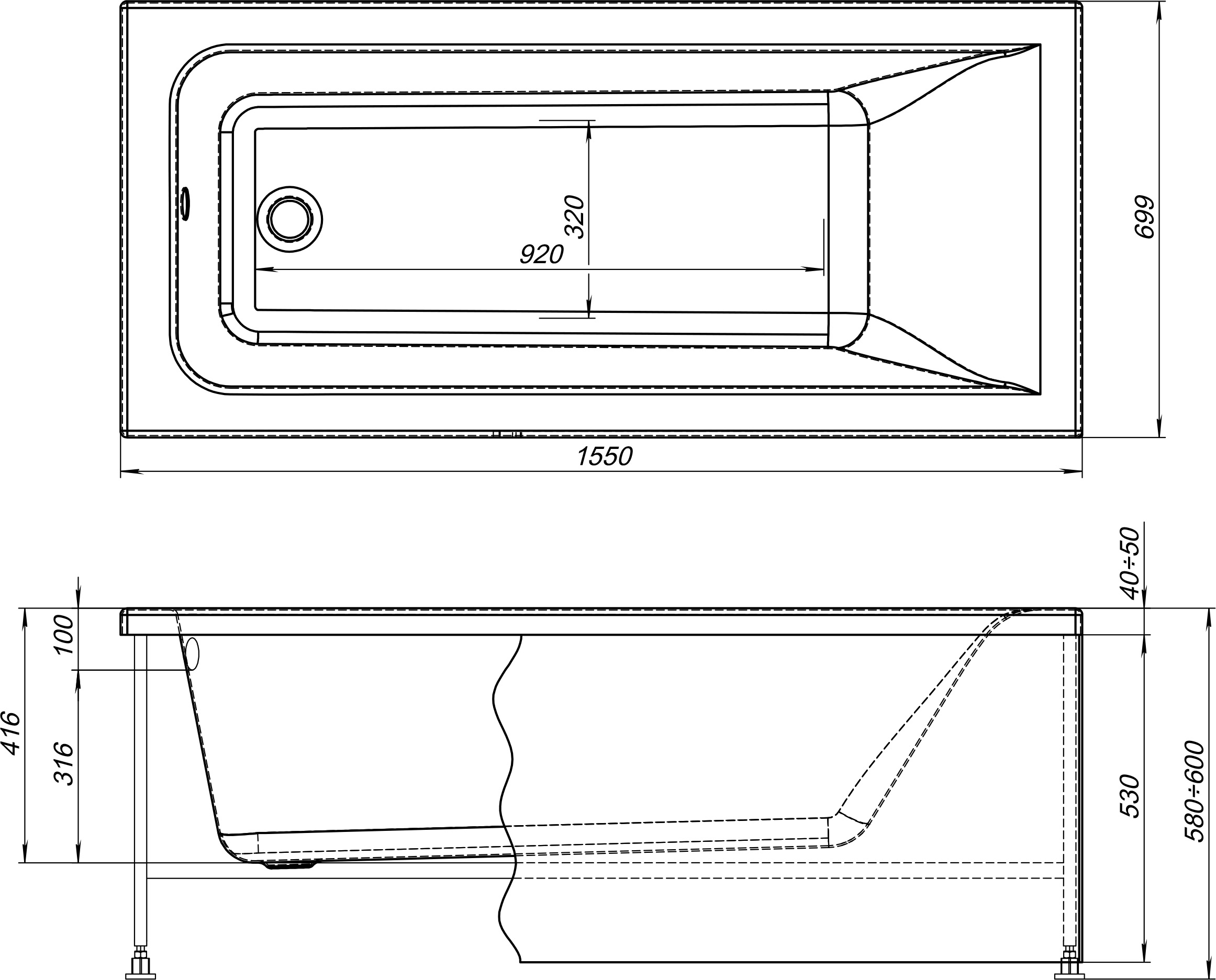 Акриловая ванна STWORKI Стокгольм 155x70 см, с каркасом