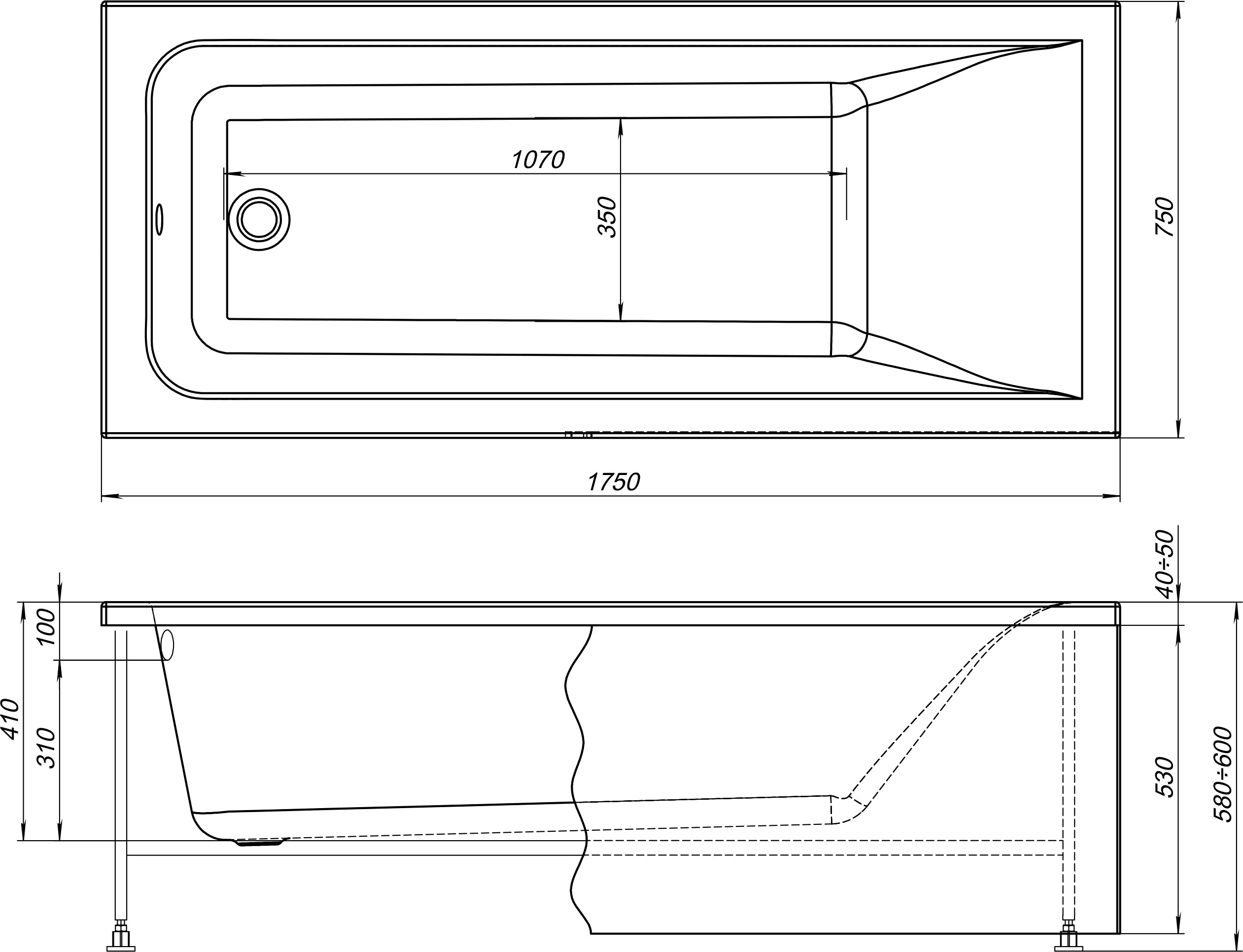 Акриловая ванна STWORKI Стокгольм 175x75 см, с каркасом