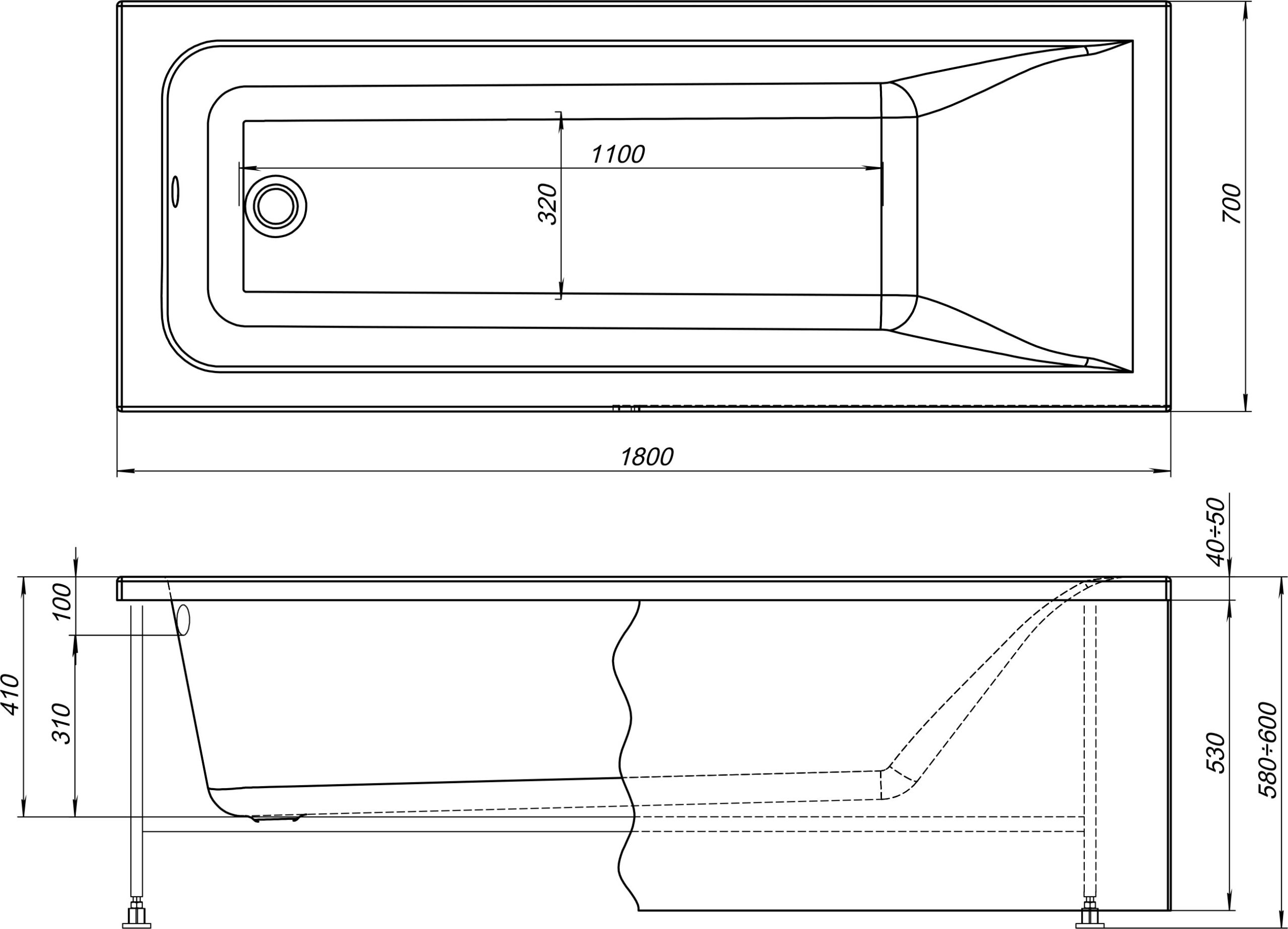 Акриловая ванна STWORKI Стокгольм 180x70 см, с каркасом