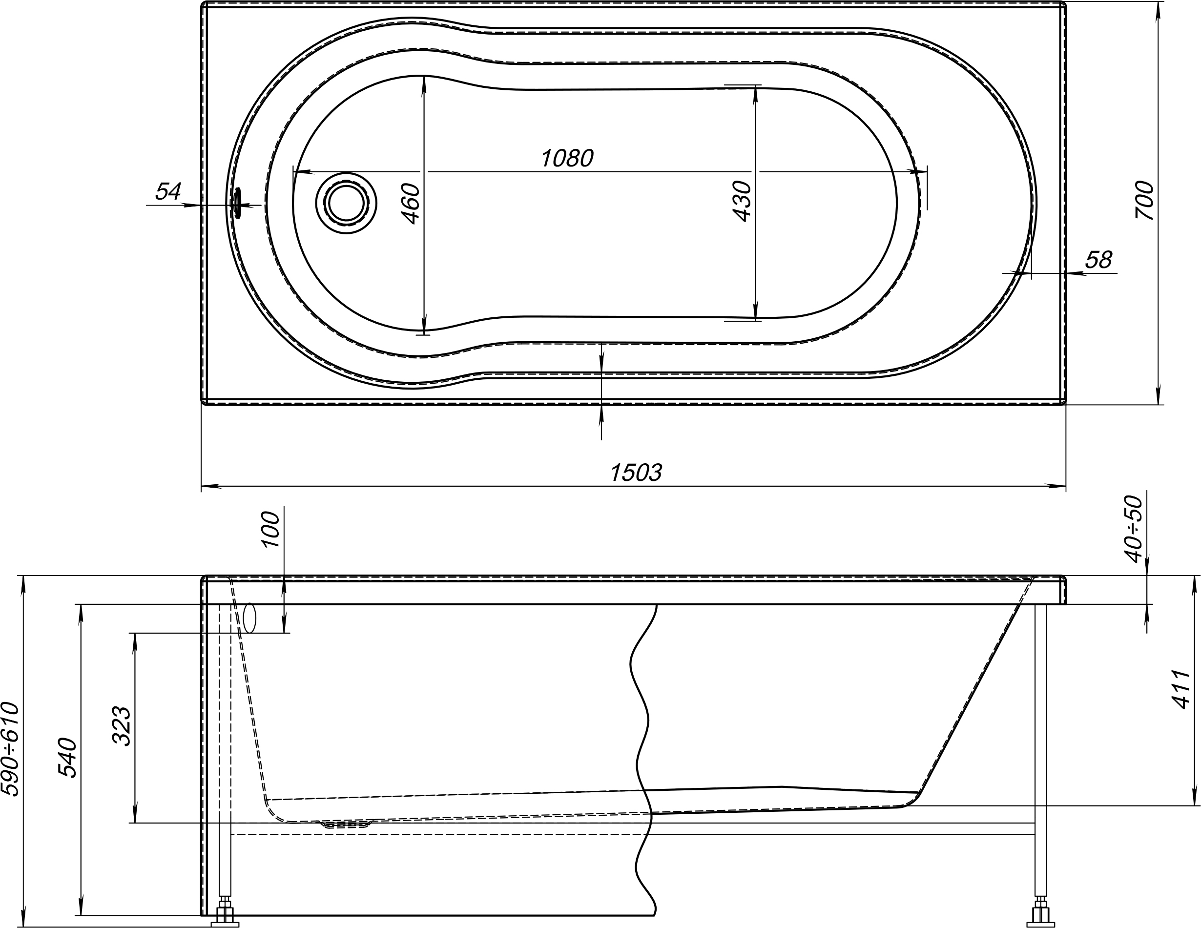 Акриловая ванна STWORKI Хельсинки 150x70 см, с каркасом