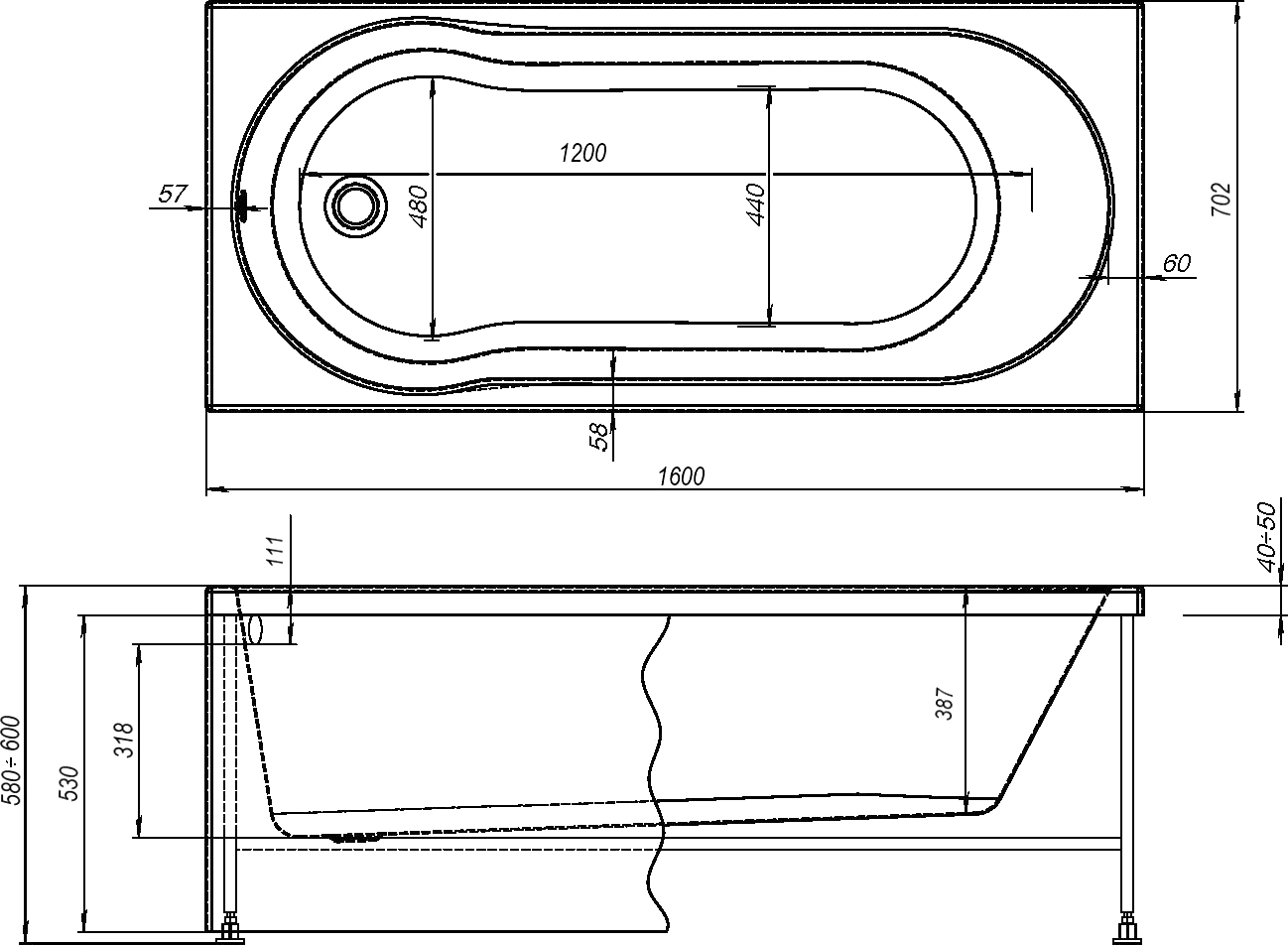 Акриловая ванна STWORKI Хельсинки 160x70 см, с каркасом