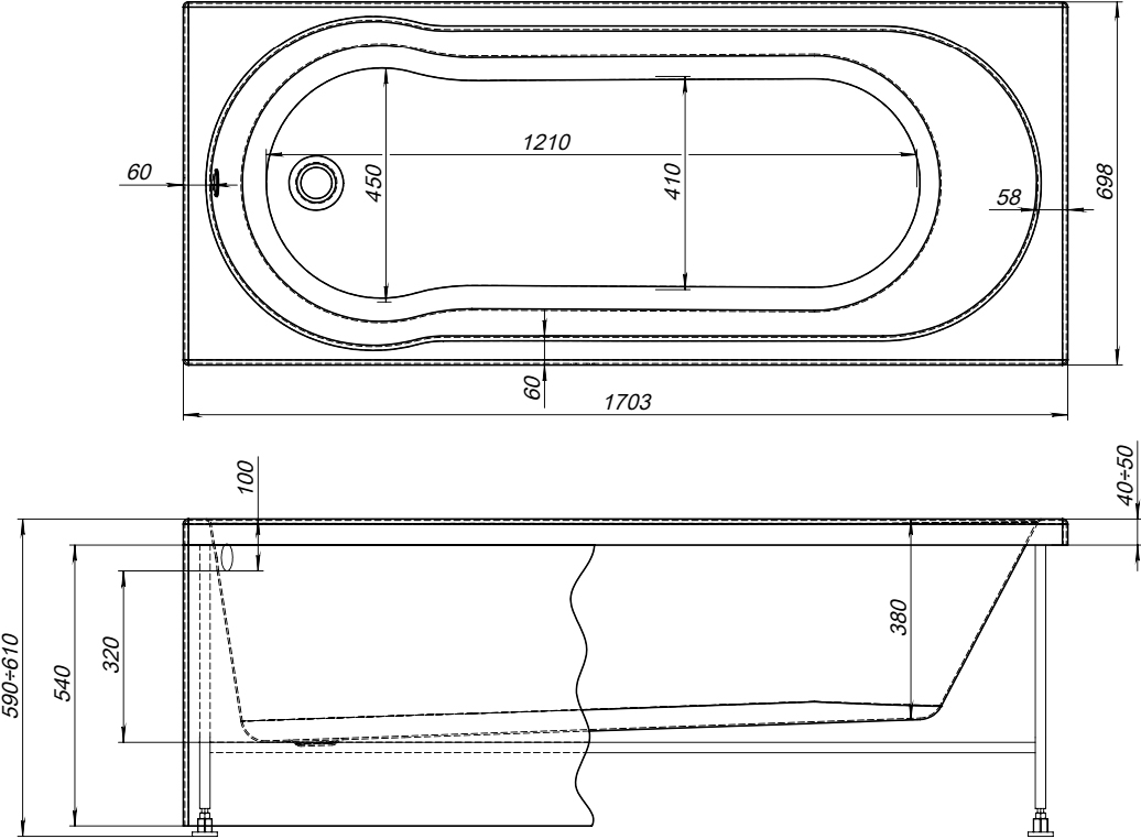 Акриловая ванна STWORKI Хельсинки 170x70 см, с каркасом