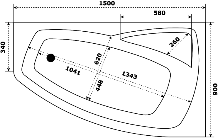 Акриловая ванна STWORKI Монтре R 150x90 см, угловая, с каркасом, асимметричная