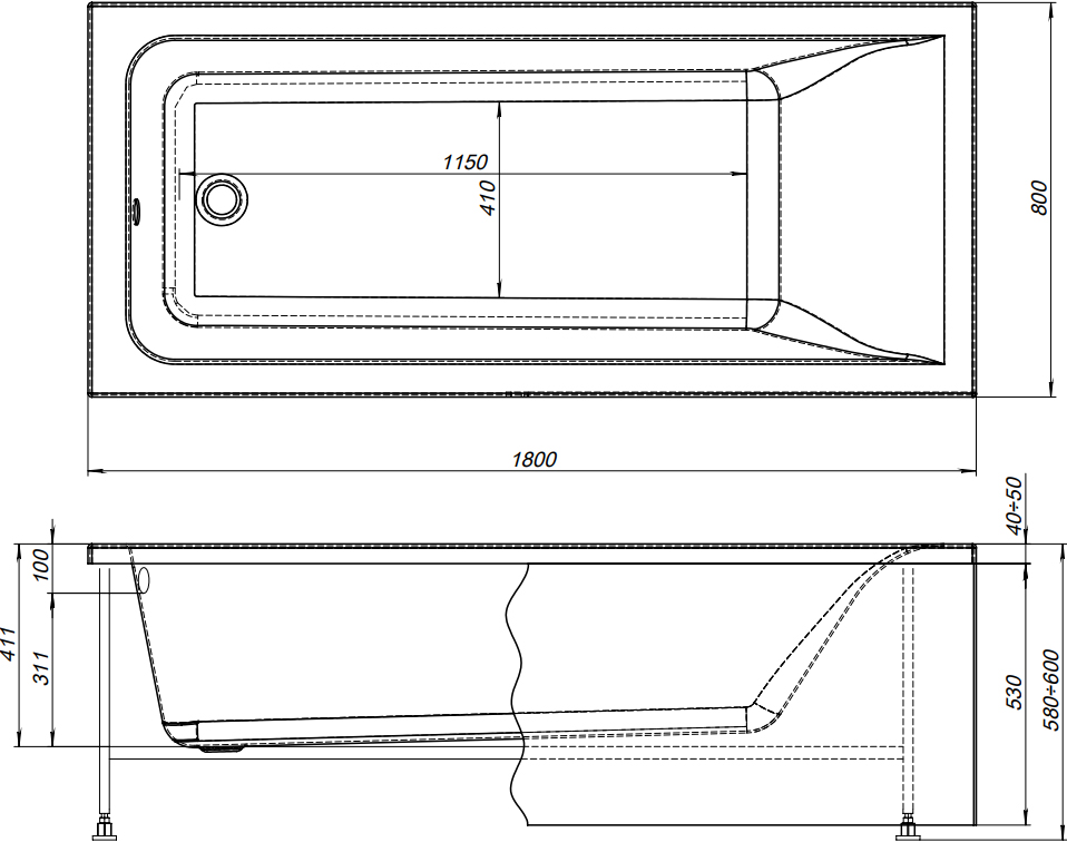 Акриловая ванна STWORKI Стокгольм 180x80 см, с каркасом