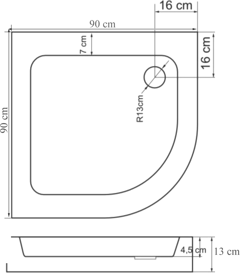Поддон для душа DIWO четверть круга, 90х90